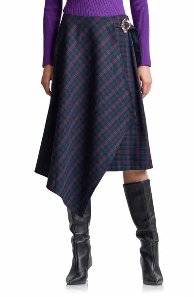 Avec Les Filles Plaid Scarf Midi Skirt In Blue