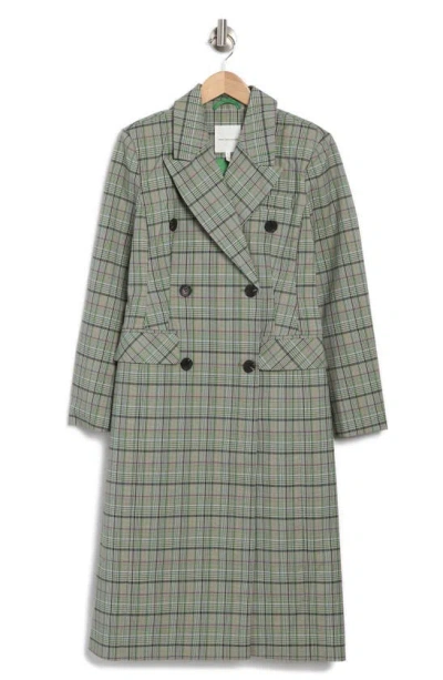 Avec Les Filles Plaid Trench Coat In Black/ Green Multi Plaid