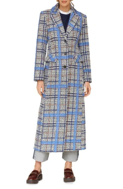 Avec Les Filles Plaid Tweed Long Coat In Grey/blue Plaid