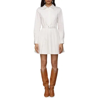 Avec Les Filles Pleated Belted Long Sleeve Cotton Blend Mini Shirtdress In White