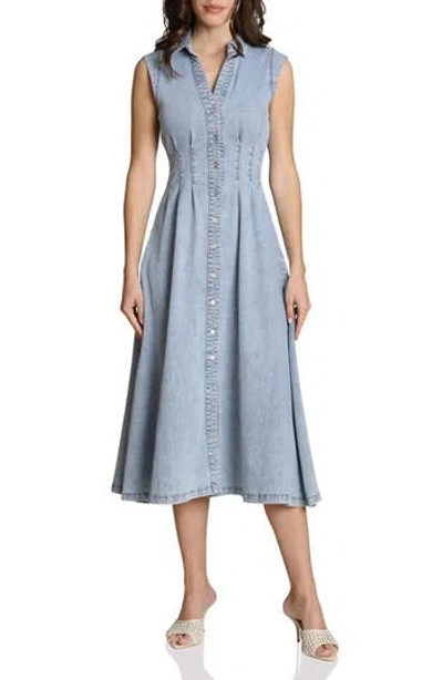 Avec Les Filles Pleated Denim Midi Dress In Blue