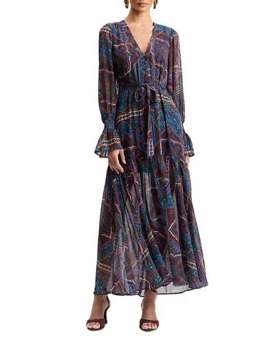 Avec Les Filles Plunge Neck Tie Waist Tiered Maxi Dress In Multi