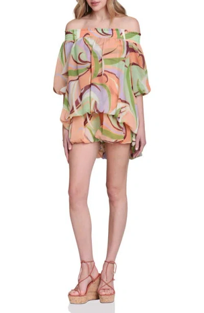 Avec Les Filles Print Off The Shoulder High-low Dress In Multi