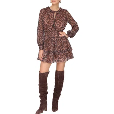 Avec Les Filles Print Ruffle Long Sleeve Minidress In Brown