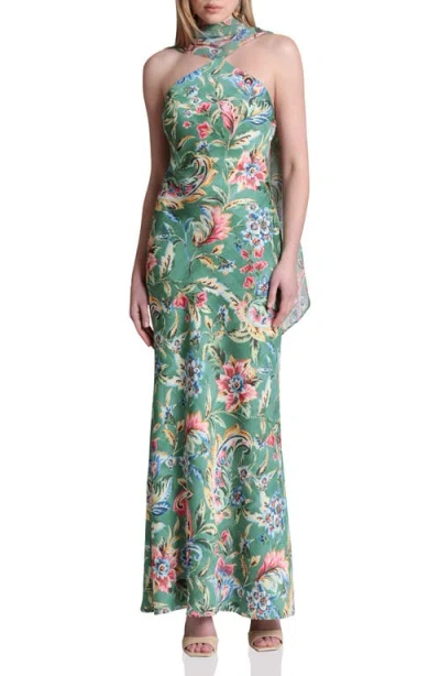 Avec Les Filles Print Scarf Sleeveless Maxi Dress In Green