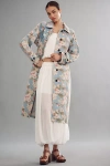 Shop Avec Les Filles Printed Denim Trench Coat Jacket In Blue