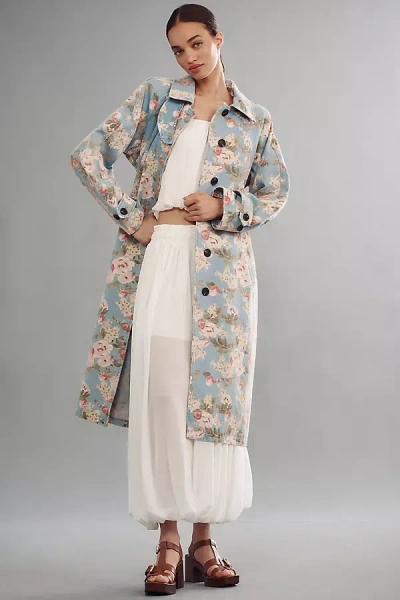 Avec Les Filles Printed Denim Trench Coat In Blue