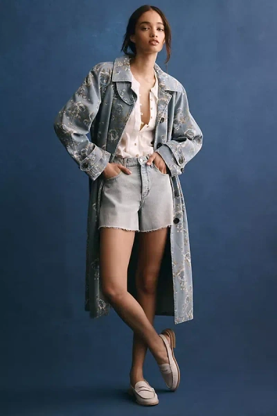 Avec Les Filles Printed Denim Trench Coat Jacket In Blue