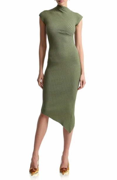 Avec Les Filles Radial Rib Asymmetric Hem Midi Dress In Green