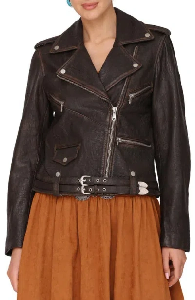 Avec Les Filles Relaxed Leather Moto Jacket In Black