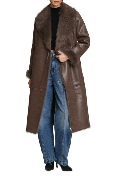 Avec Les Filles Reversible Faux Leather & Faux Fur Wrap Coat In Brown