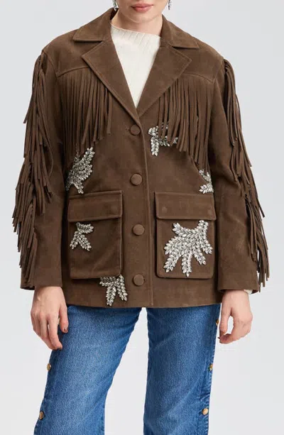 Avec Les Filles Rhinestone Appliqué Faux Suede Fringe Oversized Jacket In Brown