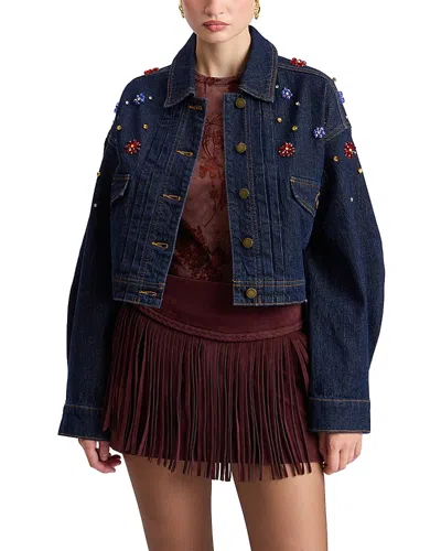 Avec Les Filles Rhinestone Embellished Cropped Denim Trucker Jacket In Blue
