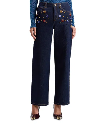 Avec Les Filles Rhinestone Embellished Highrise Wide Leg Jeans In Multi Gem/dark Rinse In Blue