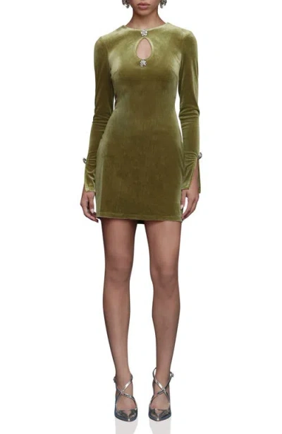 Avec Les Filles Rhinestone Long Sleeve Velvet Minidress In Green
