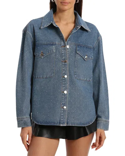 Avec Les Filles Rhinestone Embellished Denim Button-up Overshirt In Blue