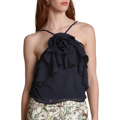 Avec Les Filles Rosette Ruffle Neck Halter Top In Blue