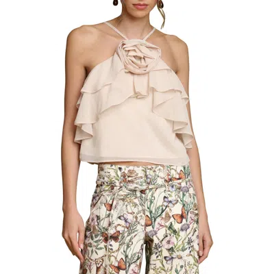 Avec Les Filles Rosette Ruffle Neck Halter Top In Neutral
