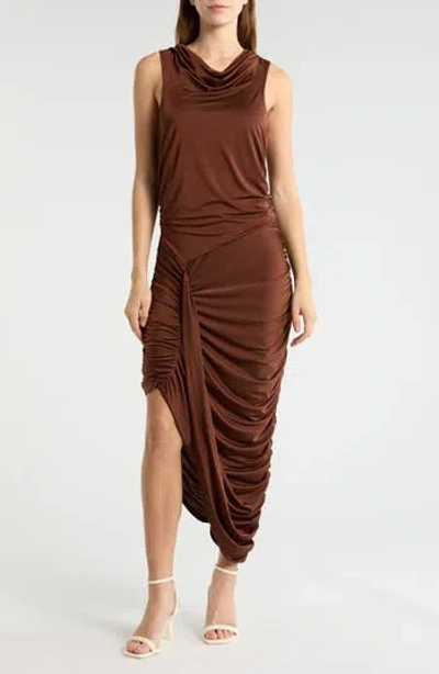 Avec Les Filles Sleeveless Jersey Twist Midi Dress In Brown