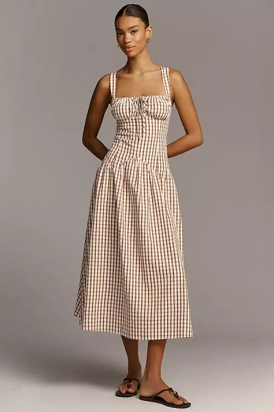 Avec Les Filles Ruched Sleeveless Square-neck Midi Dress In Brown