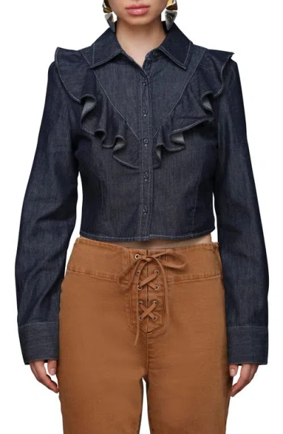 Avec Les Filles Ruffle Yoke Denim Button-up Shirt In Blue
