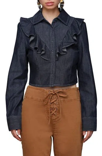 Avec Les Filles Ruffle Yoke Denim Button-up Shirt In Blue