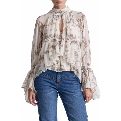 Avec Les Filles Ruffled High Neck Top In Cream Fox Wreath