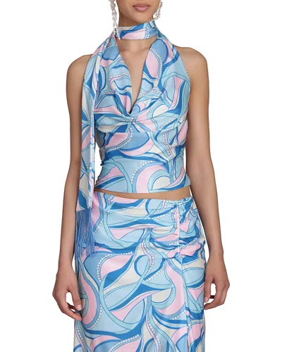Avec Les Filles Satin Paisley Scarf Tie Halter Top In Blue