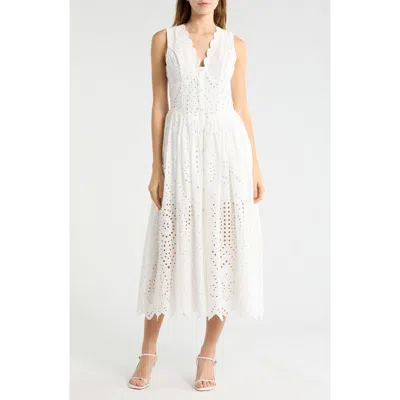 Avec Les Filles Scallop Neck Cotton Eyelet Midi Dress In White