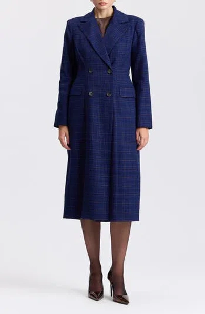 Avec Les Filles Sculpted Plaid Double Breasted Topcoat In Blue