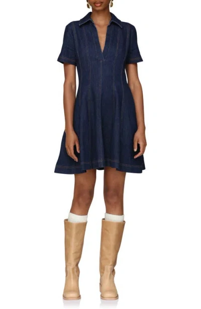 Avec Les Filles Seamed Collared Denim Minidress In Blue