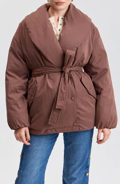 Avec Les Filles Shawl Collar Puffer Jacket In Brown