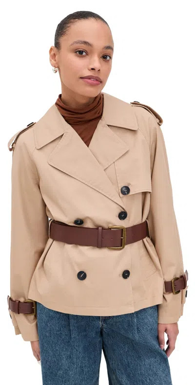 Avec Les Filles Short Trench Coat With Leather Belt Camel In Brown