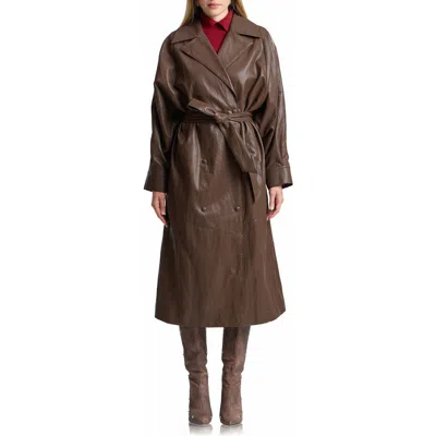 Avec Les Filles Shoulder Pad Faux Leather Long Coat In Brown