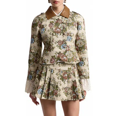 Avec Les Filles Shrunken Floral Tapestry Blazer With Faux Leather Collar In Multi
