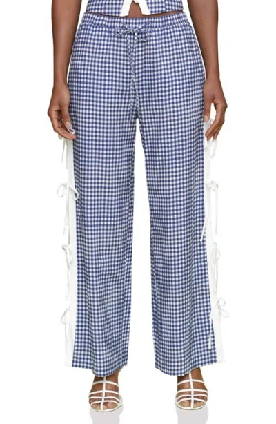 Avec Les Filles Side Tie Gingham Drawstring Pants In Navy-white Gingham