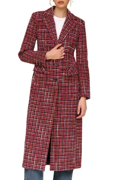 Avec Les Filles Single Breasted Tweed Maxi Coat In Pink-navy Tweed