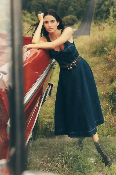 Avec Les Filles Sleeveless Belted Denim Midi Dress In Blue