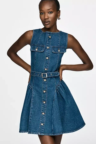Avec Les Filles Sleeveless Belted Denim Mini Dress In Blue