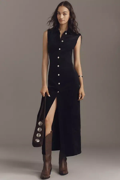 Avec Les Filles Sleeveless Corduroy Maxi Shirt Dress In Black