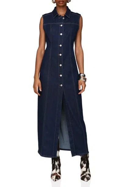Avec Les Filles Sleeveless Denim Maxi Dress In Blue