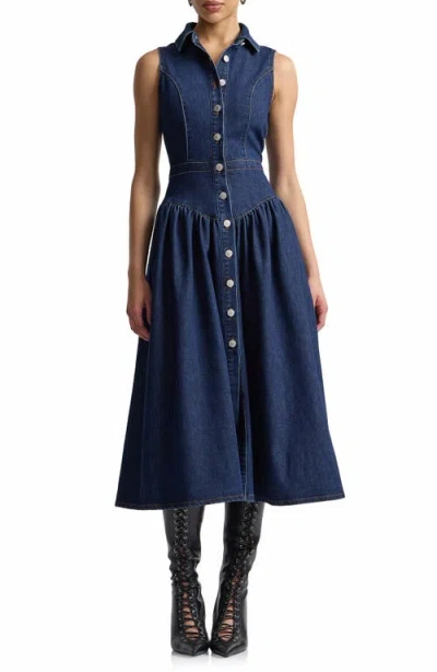 Avec Les Filles Sleeveless Denim Midi Dress In Blue