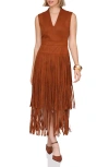 Avec Les Filles Sleeveless Fringe Dress In Brown