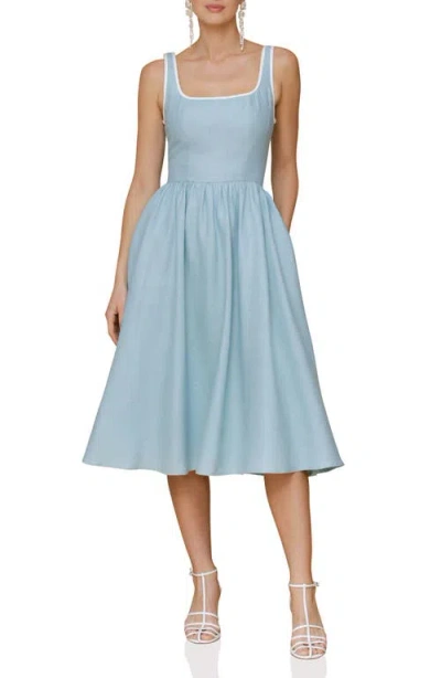 Avec Les Filles Sleeveless Linen Blend A-line Midi Dress In Aquamarine White