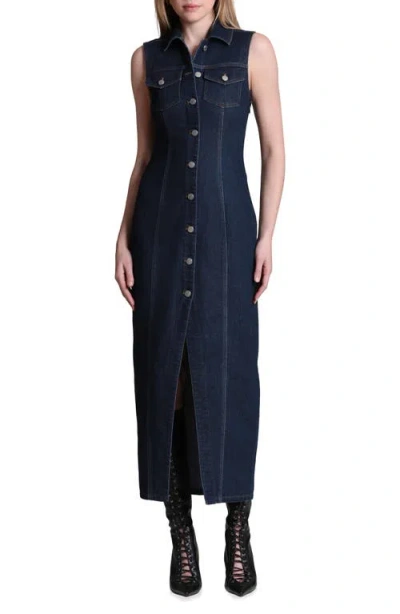 Avec Les Filles Sleeveless Stretch Denim Dress In Blue