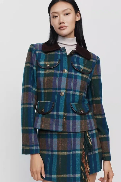 Avec Les Filles Slim Plaid Jacket In Blue