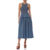 Avec Les Filles Smocked Bodice Chambray Midi Dress In Light Wash
