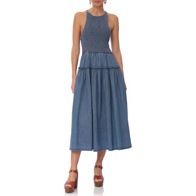 Avec Les Filles Smocked Bodice Chambray Midi Dress In Light Wash