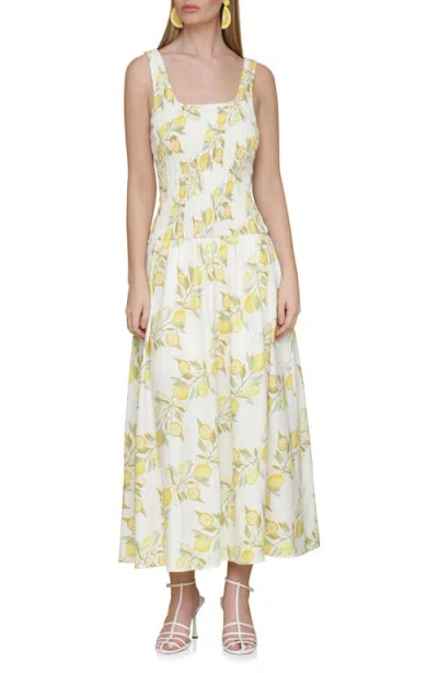 Avec Les Filles Smocked Sleeveless Fit & Flare Maxi Dress In Lemon Vine