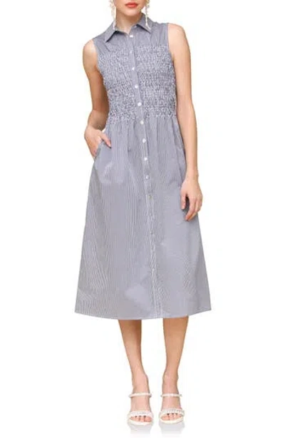 Avec Les Filles Smocked Sleeveless Shirtdress In Blue And White